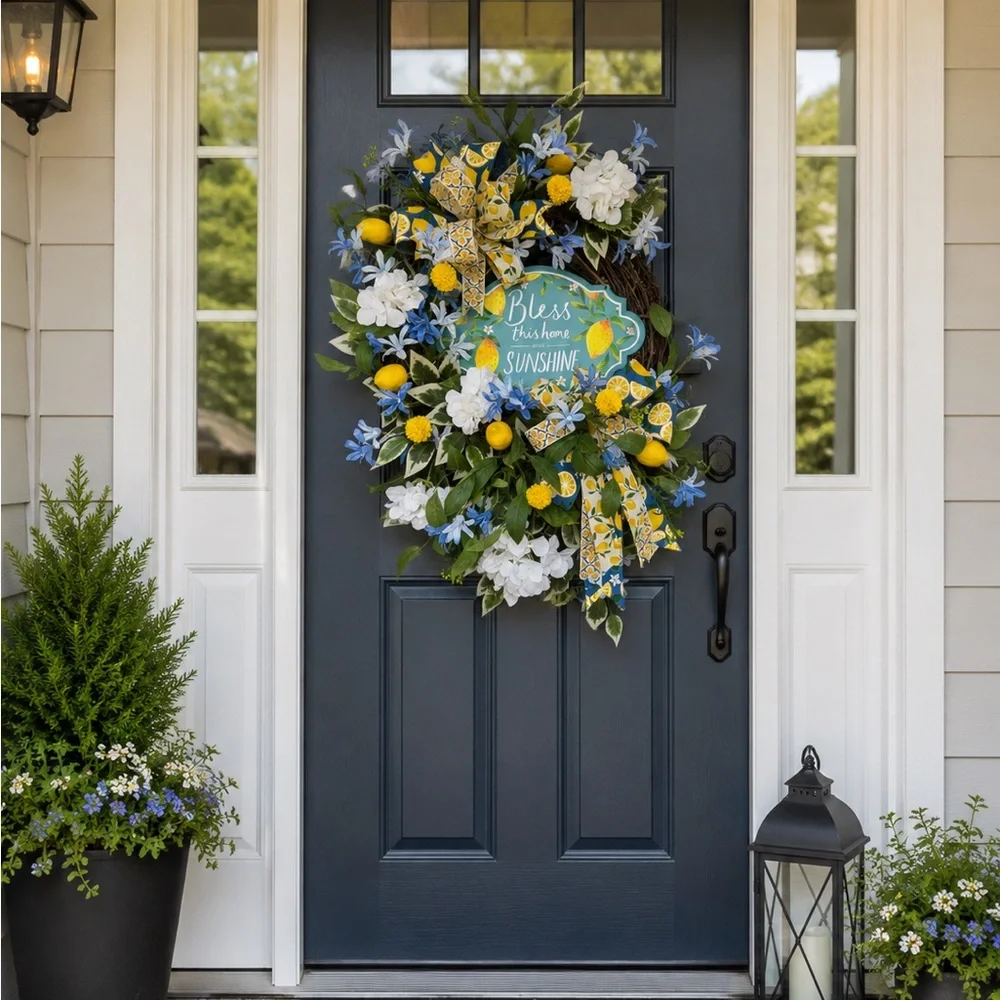 Seasonal Bless This Home Sunshine Blue & Yellow Door Wreath